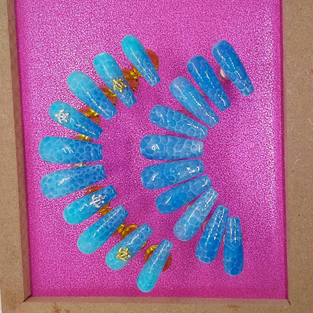 HAND PAINTED PRESS ON NAILS - LONG COFFIN NAILS- WATER/TURTLE CHARM- 20 NAILS